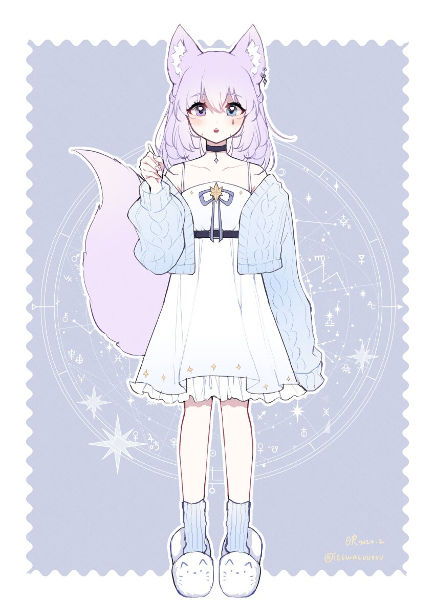 1girl absurdres animal_ear_fluff animal_ear_piercing animal_ears animal_print arm_at_side armpit_crease bare_shoulders black_choker blue_eyes blush border cable_knit chestnut_mouth chinese_commentary choker collarbone commentary_request constellation constellation_request crescent dated double-parted_bangs dress fingernails full_body hair_between_eyes hand_up heterochromia highres holding holding_stylus indie_virtual_youtuber jacket libra_(symbol) long_hair long_sleeves looking_at_viewer mars_symbol off_shoulder open_clothes open_jacket open_mouth outline outside_border pendant_choker petticoat pisces_(symbol) puffy_long_sleeves puffy_sleeves purple_background purple_eyes purple_hair purple_jacket purple_ribbon purple_socks ribbon sleeveless sleeveless_dress sleeves_past_fingers sleeves_past_wrists slippers socks solo standing star_(symbol) straight-on stylus tail tail_raised teardrop_facial_mark twitter_username venus_symbol virgo_(symbol) virtual_youtuber wangying_(itswasuutsu) wangying_(vtuber) white_border white_dress white_outline white_slippers wolf_ears wolf_girl wolf_tail