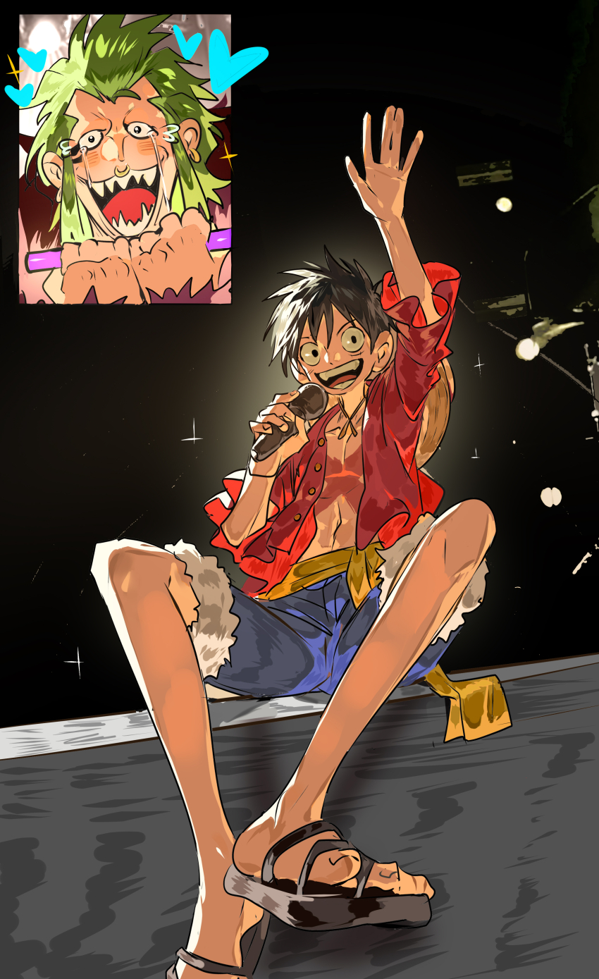 2boys absurdres bartolomeo black_hair blue_shorts colored_teeth face_piercing fan_screaming_at_madison_beer_(meme) glowstick green_teeth happy_tears hashtag-only_commentary hat heart highres holding holding_glowstick holding_stick male_focus meme monkey_d._luffy multiple_boys nose_piercing one_piece piercing red_shirt sandals sash scar scar_on_chest scar_on_face sharp_teeth shirt short_hair shorts sitting sparkle stick straw_hat tears teeth waving xi_luo_an_ya yellow_sash