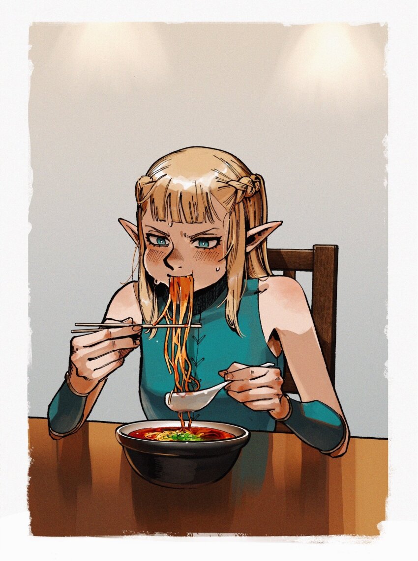 1girl blonde_hair blue_eyes blunt_bangs blush bowl braid bright_pupils chair cheek_bulge chopsticks dungeon_meshi eating elf food highres kuramochi_(mochi_kura_008) long_hair noodles pattadol pointy_ears ramen sitting solo spoon sweat table upper_body vambraces white_pupils