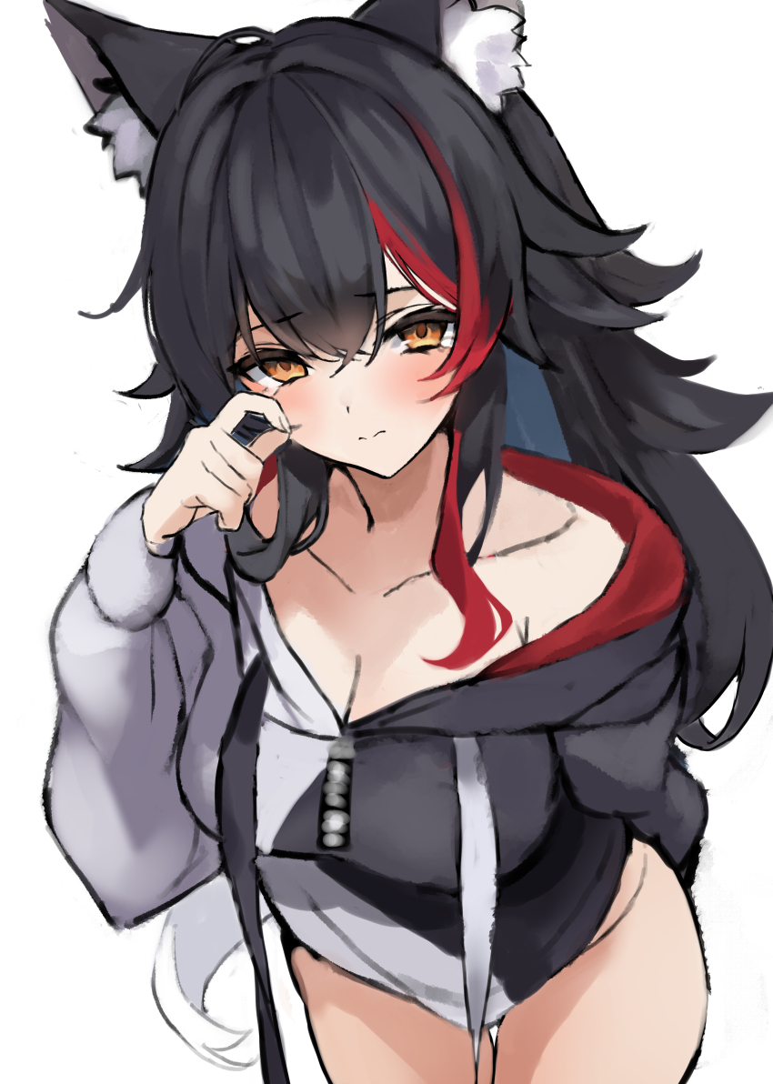1girl absurdres argule0901 arm_behind_back black_hair blush breasts cleavage drawstring highres hololive hood hoodie large_breasts long_hair looking_at_viewer multicolored_hair ookami_mio ookami_mio_(casual) simple_background solo streaked_hair tail very_long_hair virtual_youtuber white_background wolf_girl wolf_tail yellow_eyes