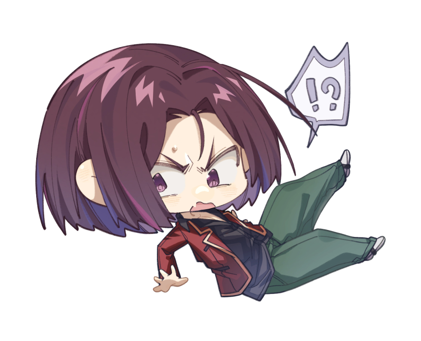 !? 1boy advanced_nurturing_high_school_uniform black_shirt blazer chibi chibi_only collarbone collared_shirt falling fang full_body furrowed_brow highres in_air jacket long_sleeves looking_down male_focus open_mouth pectoral_cleavage pectorals purple_eyes purple_hair red_jacket ryuuen_kakeru school_uniform shirt short_hair sideways_glance skin_fang solo sweatdrop white_background white_footwear wing_collar yellow_trim yizhongziwei youkoso_jitsuryoku_shijou_shugi_no_kyoushitsu_e