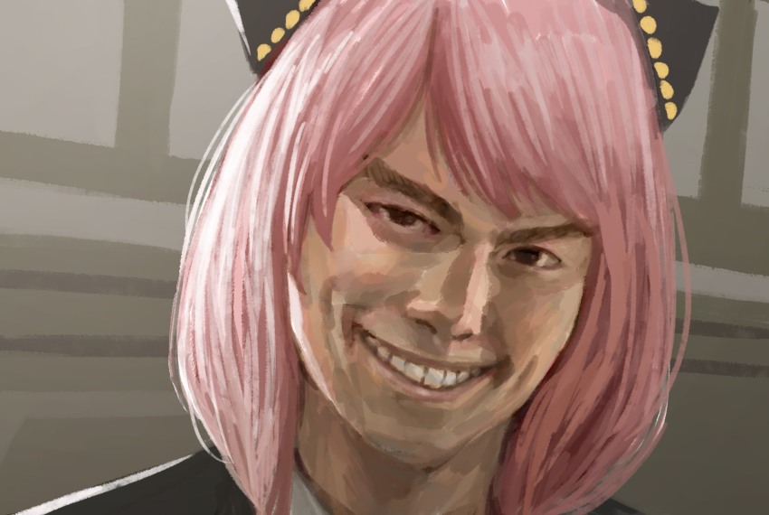 1girl anya_(spy_x_family) black_eyes cirenk close-up female_focus grin highres kamen_rider kamen_rider_555 kamen_rider_kaixa looking_at_viewer medium_hair meme nose pink_hair realistic smile solo spy_x_family teeth thick_eyebrows upper_teeth_only
