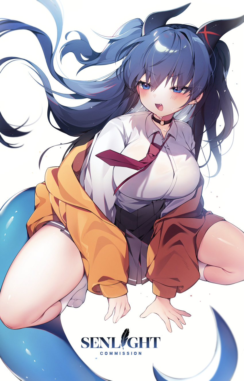 1girl :d absurdres animal_ears black_hair black_skirt blue_eyes blush breasts collared_shirt commission earrings fang hair_between_eyes highres jacket jewelry large_breasts long_hair long_sleeves open_mouth orange_jacket original pleated_skirt school_uniform sen_light shirt simple_background skirt smile socks solo squatting tail water_drop white_background white_socks
