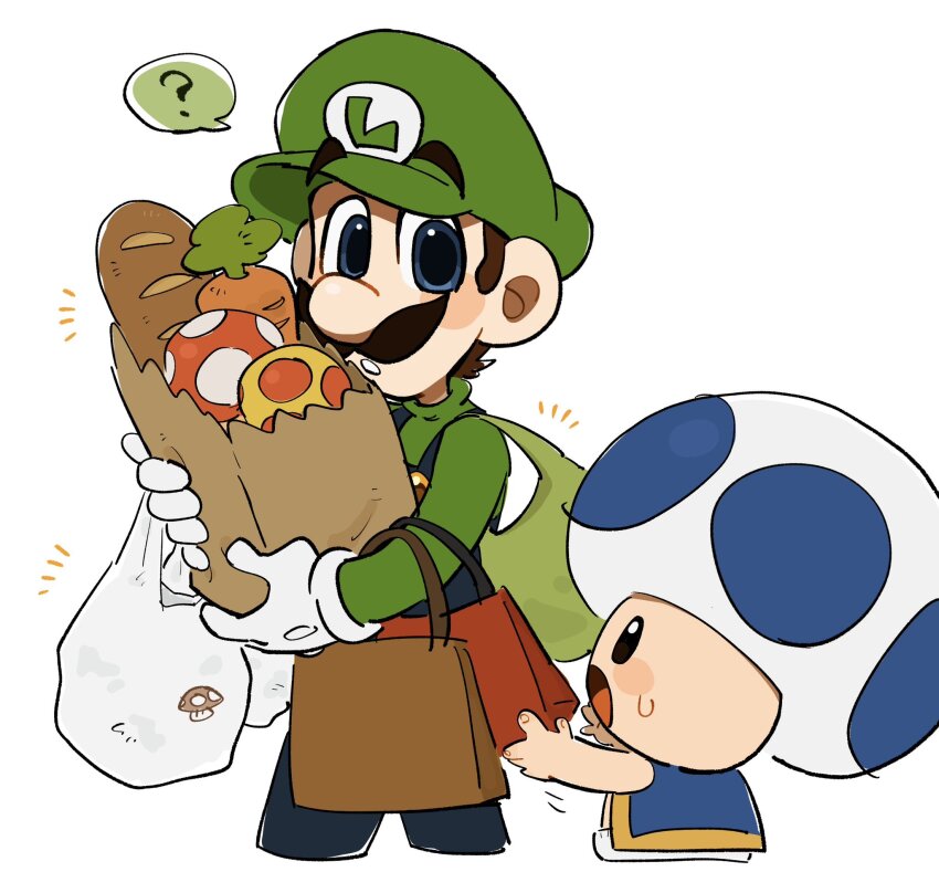 2boys ? bag baguette blue_eyes blue_overalls blue_toad_(mario) bread brown_bag carrot facial_hair food gloves green_bag green_hat green_shirt groceries grocery_bag hat height_difference highres holding holding_bag long_sleeves looking_at_another looking_up luigi male_focus mario_(series) mimimi_(mimimim9999) multiple_boys mushroom mustache nintendo open_mouth overalls paper_bag red_bag shirt shopping_bag short_hair simple_background toad_(mario) upper_body white_background white_bag white_gloves
