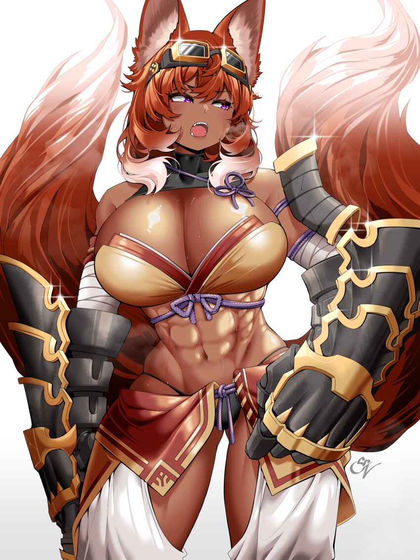 1girl abs absurdres animal_ears bandeau black_panties breasts breath cleavage commentary commission cowboy_shot dark-skinned_female dark_skin double-parted_bangs facing_viewer fox_ears fox_girl fox_tail gauntlets goggles goggles_on_head hair_between_eyes hashtag-only_commentary highres huge_breasts looking_to_the_side medium_hair muscular muscular_female navel open_mouth orange_hair original panties purple_eyes revealing_clothes saltnvalk simple_background solo stomach sweat symbol-only_commentary tail underwear vgen_commission white_background yellow_bandeau