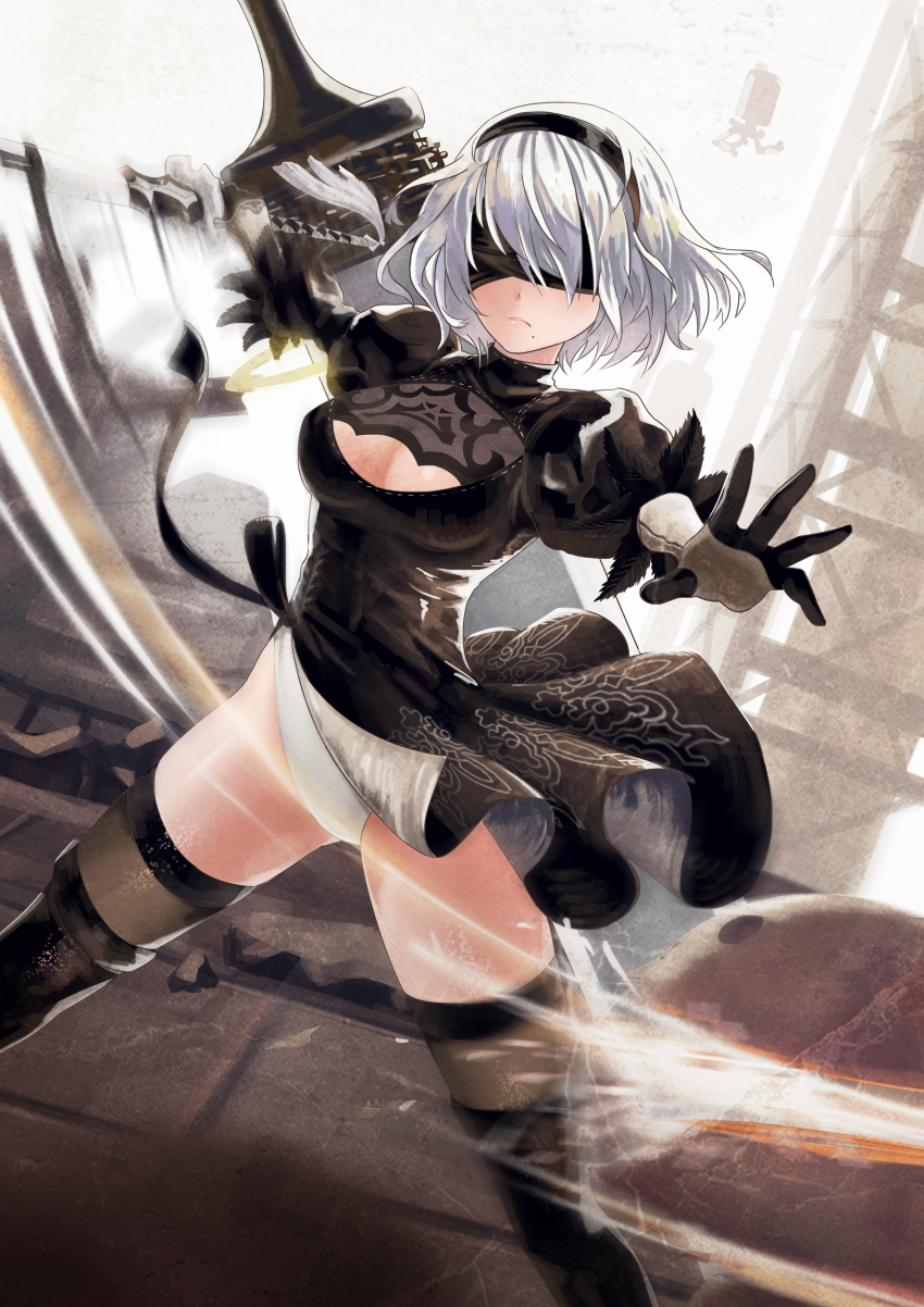 1girl 2b_(nier:automata) absurdres black_dress black_gloves black_hair black_thighhighs blindfold boots breasts cleavage cleavage_cutout clothes_lift clothing_cutout dress dress_lift facing_viewer feather-trimmed_sleeves fighting floating floating_object floating_sword floating_weapon frown gloves highres holding holding_sword holding_weapon juliet_sleeves kai_ai katana large_breasts leotard long_bangs long_sleeves machine_(nier) mole mole_under_mouth nier:automata nier_(series) outstretched_arms pod_(nier:automata) puffy_sleeves ruins short_hair spread_legs swinging sword thigh_boots thighhighs thighhighs_under_boots thong_leotard weapon white_hair