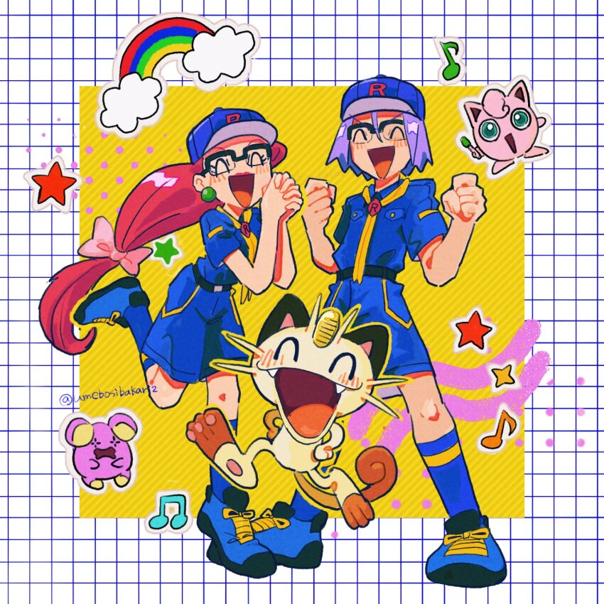 1boy 1girl baseball_cap blue_hair blue_shoes blue_shorts blush closed_eyes coin creatures_(company) fangs game_freak gen_1_pokemon gen_3_pokemon gold hair_ribbon happy hat highres james_(pokemon) jessie_(pokemon) jigglypuff koban_(gold) meowth mob_cap musical_note nintendo official_alternate_costume open_mouth pokemon pokemon_(anime) pokemon_(creature) pokemon_rse_(anime) rainbow red_hair ribbon shoes shorts star_(symbol) team_rocket twitter_username umebosibakari2 whismur