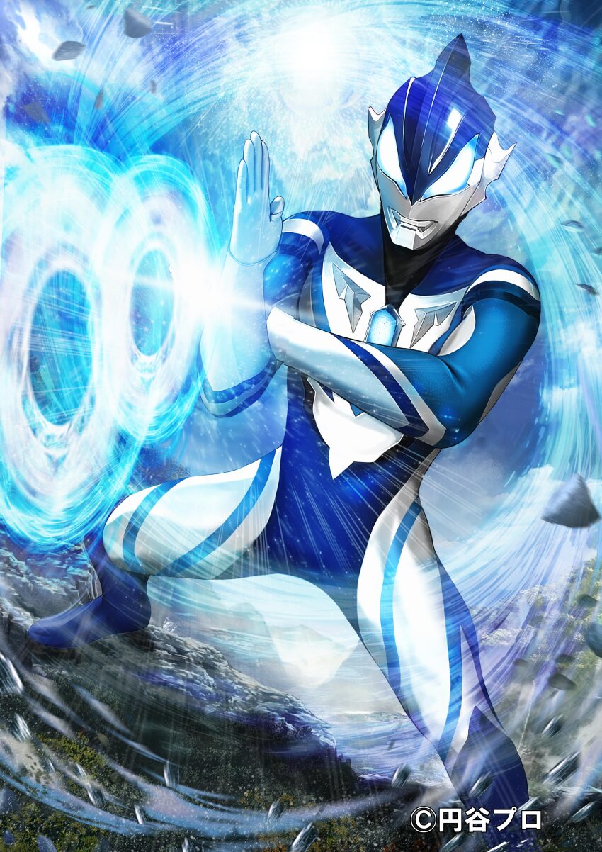 1boy absurdres alien black_skin blue_eyes blue_skin blue_sky color_timer colored_skin commentary company_name compound_eyes copyright_notice day debris dorsal_fin energy energy_ring feelone foot_out_of_frame giant glowing glowing_eyes hands_up highres legs_apart looking_ahead male_focus mountainous_horizon multicolored_skin outdoors pectorals pointy_ears silver_skin sky solo standing tokusatsu toned toned_male ultra_beam ultra_series ultraman_geed ultraman_geed_(acro_smasher) ultraman_geed_(series) vortex wrinkled_skin