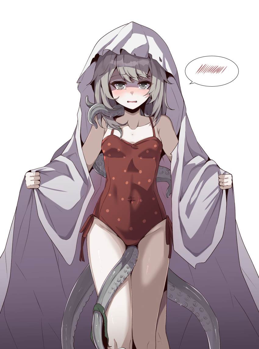 1girl absurdres bare_shoulders blush breasts covered_navel cowboy_shot extra_legs furrowed_brow ghost_costume grey_hair highres looking_at_viewer medium_hair one-piece_swimsuit poltergeist_(reverse:1999) rectangular_mouth red_one-piece_swimsuit reverse:1999 shaded_face sheet_ghost singwee small_breasts solo speech_bubble spoken_blush swimsuit tearing_up tentacle_between_legs tentacles under_covers wavy_mouth white_background
