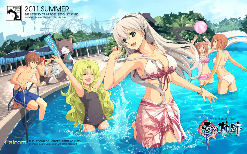 10s 2011 2boys 5girls ball barefoot bikini blonde_hair breasts brown_hair casual_one-piece_swimsuit cat cleavage company_name eiyuu_densetsu elie_macdowell enami_katsumi falcom fran_seeker hair_ribbon hairband half_updo highres kea kea_(eiyuu_densetsu) lloyd_bannings long_hair medium_breasts multiple_boys multiple_girls noel_seeker official_art one-piece_swimsuit palm_tree pink_sarong pool pool_ladder randolph_orlando red_hair ribbon sarong short_hair small_breasts source_request submerged swimsuit tio_plato tree wading water wet white_hair zero_no_kiseki
