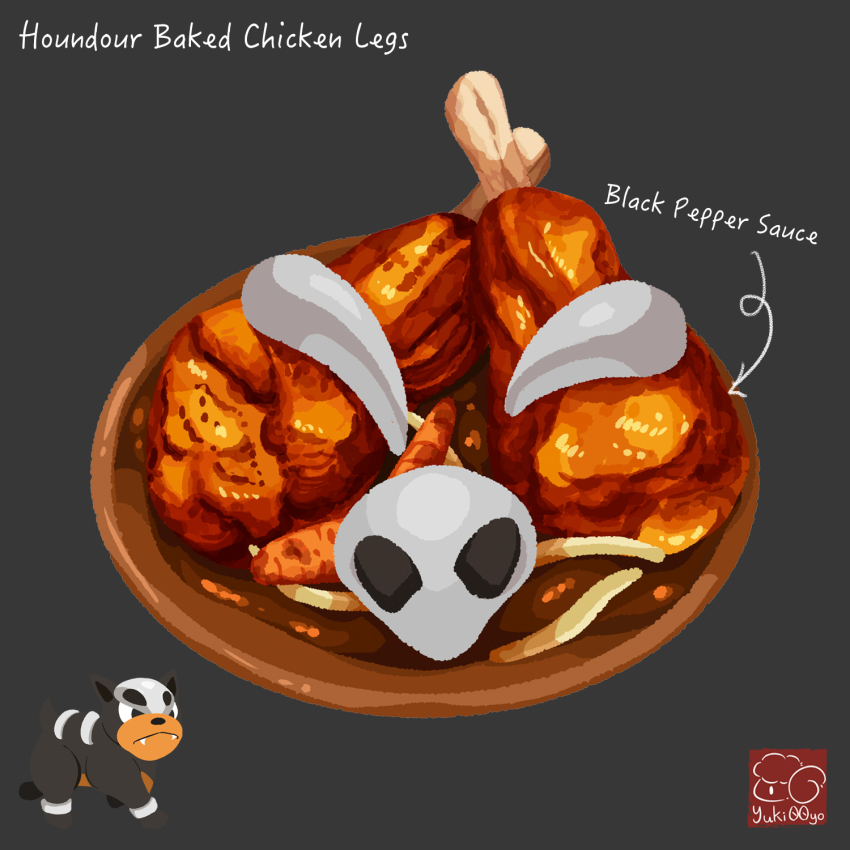 artist_logo artist_name character-themed_food character_name chicken_(food) food food_focus food_name gen_2_pokemon grey_background highres houndour logo meat nintendo no_humans plate pokemon pokemon_(creature) sauce simple_background yuki00yo