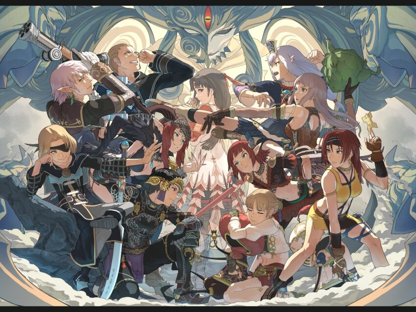 4boys 6+girls afumau_(final_fantasy) arciela_v_adoulin armor black_armor black_hair black_helmet black_skirt blonde_hair blue_eyes blue_hair blue_headband breasts brother_and_sister cleavage clenched_hand closed_eyes closed_mouth cloud_of_darkness crop_top cropped_jacket dancer_(final_fantasy) demon_horns detached_sleeves eald&#039;narche earrings elf elvaan eyepatch feather_collar feather_earrings feather_hair_ornament feathers final_fantasy final_fantasy_xi fingernails gloves grey_hair gun hair_ornament headband helmet highres holding holding_gun holding_weapon horns hume iroha_(ff11) jacket japanese_armor jewelry kote lady_lilith leafkin lilisette lion_(ff11) long_hair long_sleeves looking_back low-tied_long_hair medium_breasts melvien_de_malecroix mi_mi_zo mnejing multiple_boys multiple_girls nag&#039;molada navel on_one_knee open_clothes open_jacket open_mouth outstretched_arm ovjang pants pink_sleeves pointy_ears prishe razfahd_(ff11) red_armor red_hair red_headband sharp_fingernails shirt siblings skirt sleeveless sleeveless_shirt two-tone_skirt weapon white_gloves white_jacket white_pants yellow_shirt yellow_skirt
