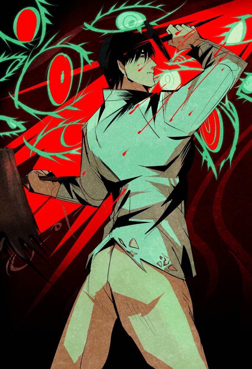 05_soleil 1boy absurdres arm_up ass black_hair black_sclera black_shirt blood blood_splatter colored_sclera cowboy_shot from_behind hammer highres holding holding_hammer holding_nail imminent_attack limbus_company male_focus meursault_(project_moon) n_corp._fanatic_(identity)_(project_moon) nail_(hardware) project_moon red_eyes shirt short_hair smile solo too_many_eyes torn_clothes torn_shirt twisted_torso