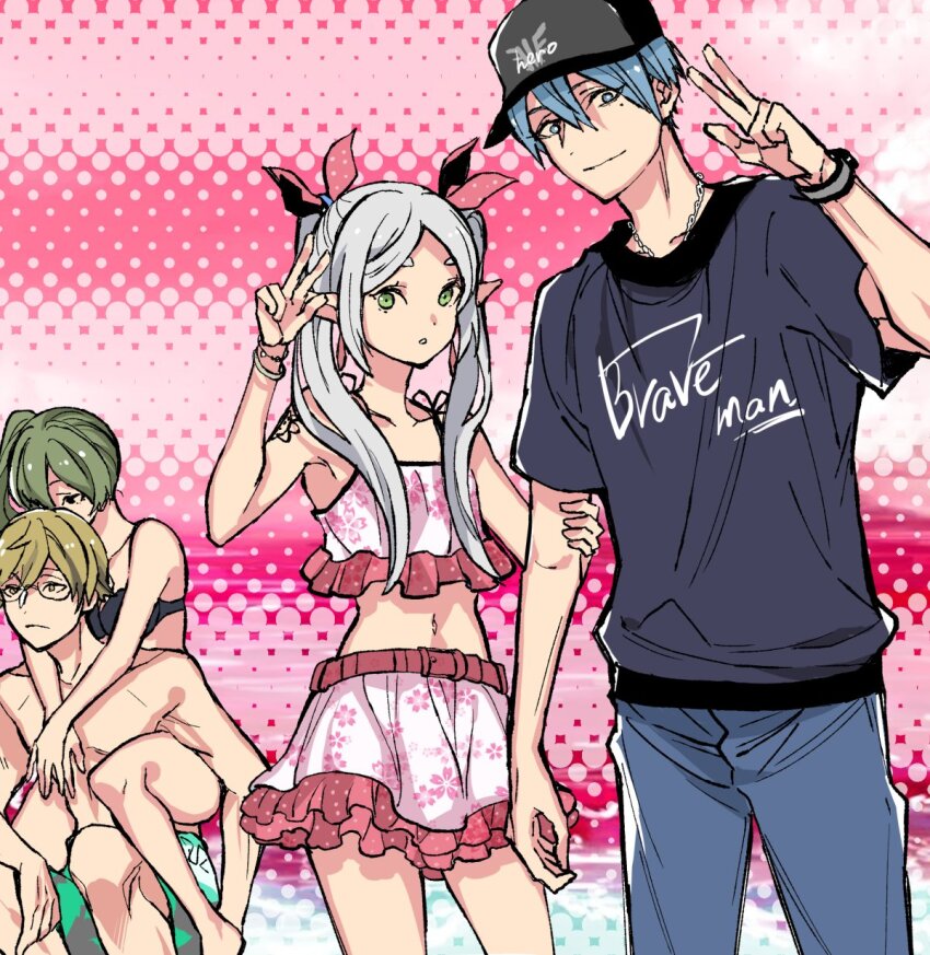 2boys 2girls :o baseball_cap bikini bikini_skirt black_bikini black_shirt blonde_hair blue_hair blush bracelet carrying chain chain_necklace closed_mouth commentary_request cropped denim frilled_bikini frills glasses green_eyes green_hair hair_ribbon hat hetero highres himmel_(sousou_no_frieren) holding_another&#039;s_arm holding_hands jeans jewelry land_(sousou_no_frieren) light_frown long_hair looking_at_viewer male_swimwear multiple_boys multiple_girls nanahachi_77889 navel necklace pants piggyback pink_bikini pink_ribbon polka_dot polka_dot_background print_shirt ribbon shirt short_hair side_ponytail sketch smile sousou_no_frieren swim_trunks swimsuit t-shirt twintails ubel_(sousou_no_frieren) v watch white_hair