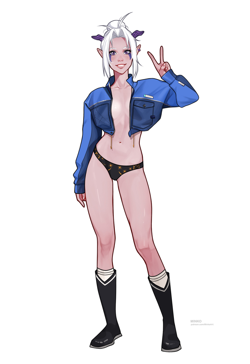 1girl black_boots boots cropped_jacket ear_piercing eyeshadow hair_bun highres jacket looking_at_viewer makeup midriff navel olena_minko open_clothes open_jacket piercing pointy_ears purple_eyes rayla_(the_dragon_prince) simple_background smile solo the_dragon_prince v white_background white_hair