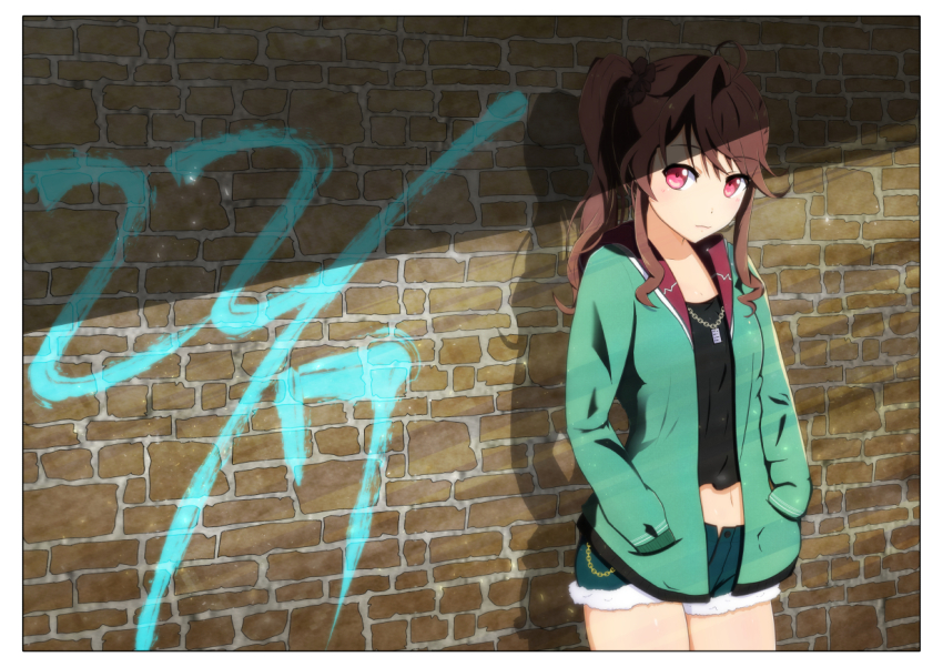 1girl 22/7 aqua_jacket black_shirt brick_wall brown_hair copyright_name female_focus furoggu-gaburi graffiti hands_in_pockets jacket jewelry long_hair looking_at_viewer midriff navel necklace outdoors pink_eyes scrunchie shirt short_shorts shorts side_ponytail sidelocks solo standing toda_jun