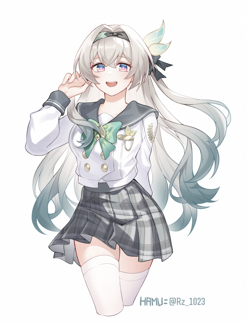 1girl artist_name black_hairband black_sailor_collar blue_eyes bow bowtie bright_pupils buttons cropped_legs double-breasted firefly_(honkai:_star_rail) firefly_(spring_missive)_(honkai:_star_rail) green_bow green_bowtie green_hair grey_hair grey_skirt hairband hamu_(rz_1023) highres honkai:_star_rail honkai_(series) long_hair long_sleeves looking_at_viewer miniskirt multicolored_eyes multicolored_hair official_alternate_costume plaid_clothes plaid_skirt pleated_skirt purple_eyes sailor_collar school_uniform serafuku shirt simple_background skirt solo thighhighs twitter_username two-tone_eyes two-tone_hair white_background white_shirt white_thighhighs zettai_ryouiki