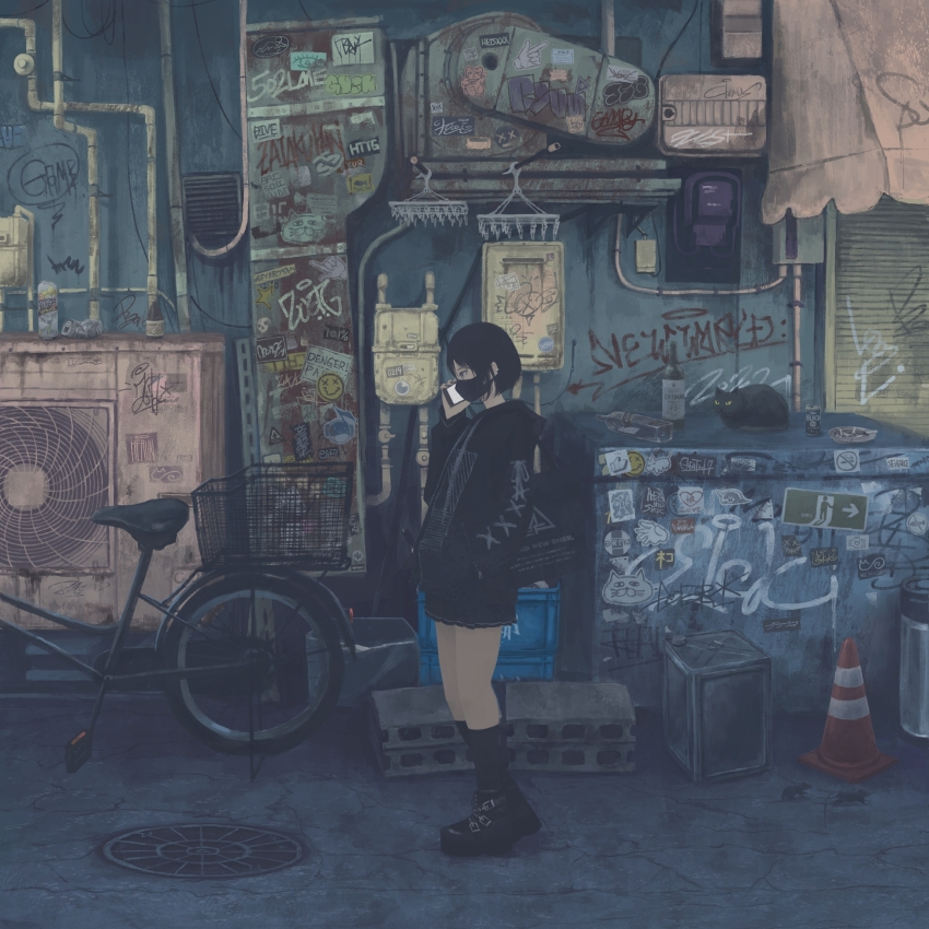 1girl alley bicycle black_boots black_cat black_hair black_hoodie black_mask black_skirt black_socks bob_cut boots buckle building can canopy_(shelter) cat cellphone commentary_request concrete ear_piercing from_side gensuke_(ryun) graffiti grey_eyes hand_in_pocket highres hood hoodie kneehighs long_sleeves mask mouth_mask original phone piercing pleated_skirt puffy_sleeves short_hair skirt smartphone socks solo standing strong_zero talking_on_phone traffic_cone