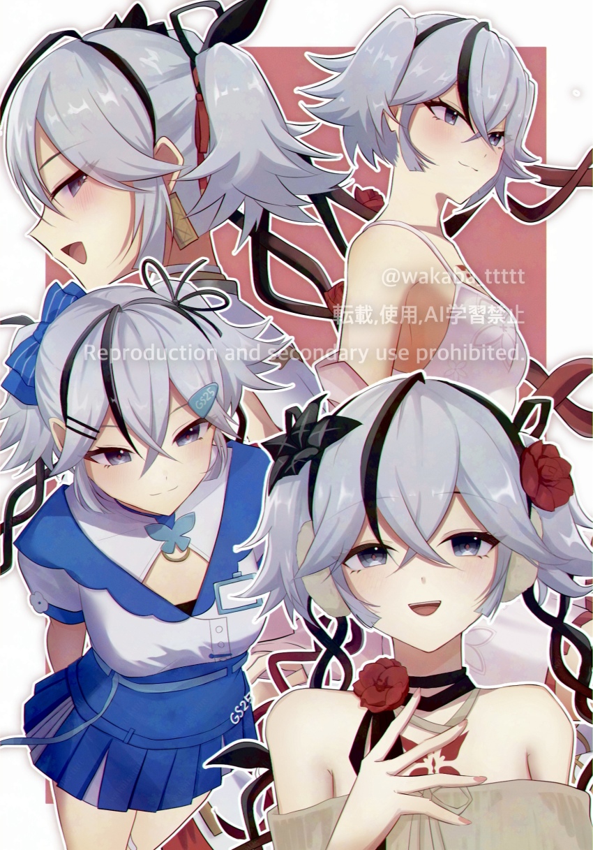 0roshioji3ran 1girl :d bare_shoulders black_eyes black_flower black_ribbon blake_bloom_(wuthering_waves) blue_bow blue_skirt blush border bow breasts camellia camellya_(wuthering_waves) closed_mouth commentary_request earrings flower gold_earrings hair_between_eyes hair_bow hair_flower hair_ornament hair_ribbon hair_vines highres jewelry looking_at_viewer medium_breasts multiple_views off_shoulder official_alternate_costume open_mouth red_background red_pupils ribbon shirt short_hair short_twintails sideways_mouth skirt smile tacet_mark_(wuthering_waves) twintails white_border white_hair white_shirt wuthering_waves