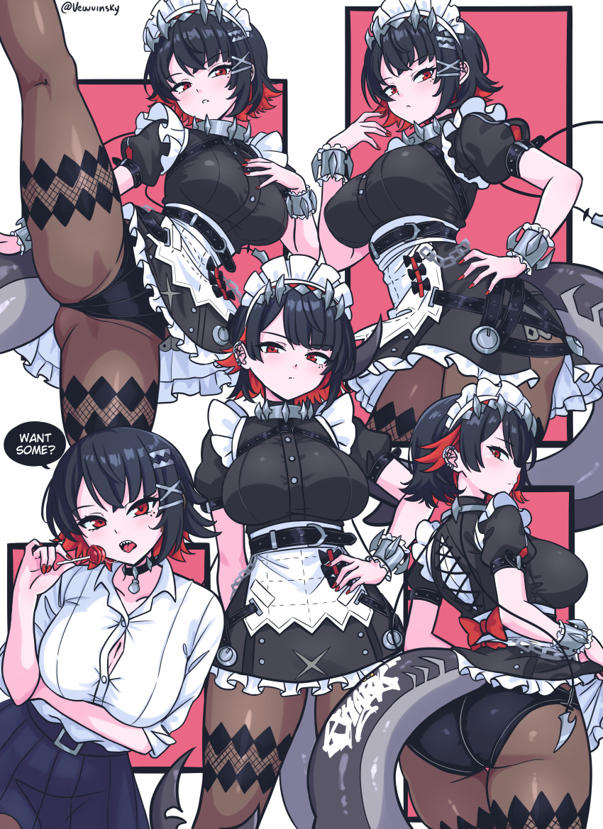 1girl absurdres apron arm_under_breasts artist_name ass belt_buckle black_choker black_dress black_hair black_panties black_pantyhose blue_skirt border breasts buckle candy choker cleavage closed_mouth clothes_lift collar collarbone collarbone_peek dress dress_lift ear_piercing ellen_joe english_text fins fish_tail food hair_ornament hairclip hand_on_own_chest hand_on_own_hip high-waist_skirt highres huge_ass large_breasts leg_up lollipop long_sleeves looking_at_viewer looking_back maid maid_apron maid_headdress multicolored_hair multiple_hair_clips multiple_views outside_border panties pantyhose pantyshot piercing pink_background puffy_sleeves red_eyes red_hair red_nails school_uniform shark_girl shark_tail sharp_teeth shirt_lift short_dress short_hair short_sleeves signature skirt sleeves_rolled_up solo spiked_choker spiked_collar spikes standing streaked_hair tail teeth thighs tight_clothes tight_dress underwear vewuinsky white_border wide_hips zenless_zone_zero