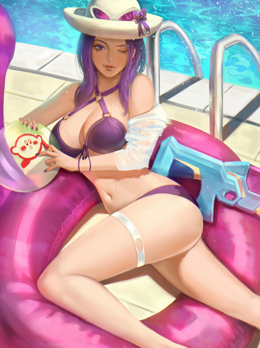1girl ball bare_shoulders beachball bikini bow breasts caitlyn_(league_of_legends) cleavage day eyewear_on_head female_focus hat highres innertube kirby kirby_(series) league_of_legends legs lips medium_breasts mole mole_on_breast mole_under_eye nail_polish navel nintendo o-ring o-ring_bikini off_shoulder one_eye_closed outdoors pool pool_party_caitlyn purple_bikini purple_bow purple_eyes purple_hair purple_nails solo stomach summer sun_hat sunglasses sunglasses_on_head swim_ring swimsuit thaumazo thigh_strap water water_gun wet