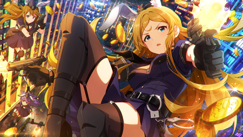 3girls animal_ears anime_coloring black_boots black_gloves black_necktie blonde_hair blue_eyes boots brown_hair building bunny_police coin cuffs dress dual_wielding floating floating_hair garter_straps gloves gun handcuffs handgun hat holding holding_gun holding_weapon idolmaster idolmaster_million_live! idolmaster_million_live!_theater_days katana long_hair looking_at_viewer miniskirt mochizuki_anna multiple_girls necktie official_art open_mouth police_hat puffy_short_sleeves puffy_sleeves purple_dress purple_hair rabbit_ears shinomiya_karen short_dress short_sleeves skirt skyscraper smile solo sword thighhighs tokoro_megumi weapon