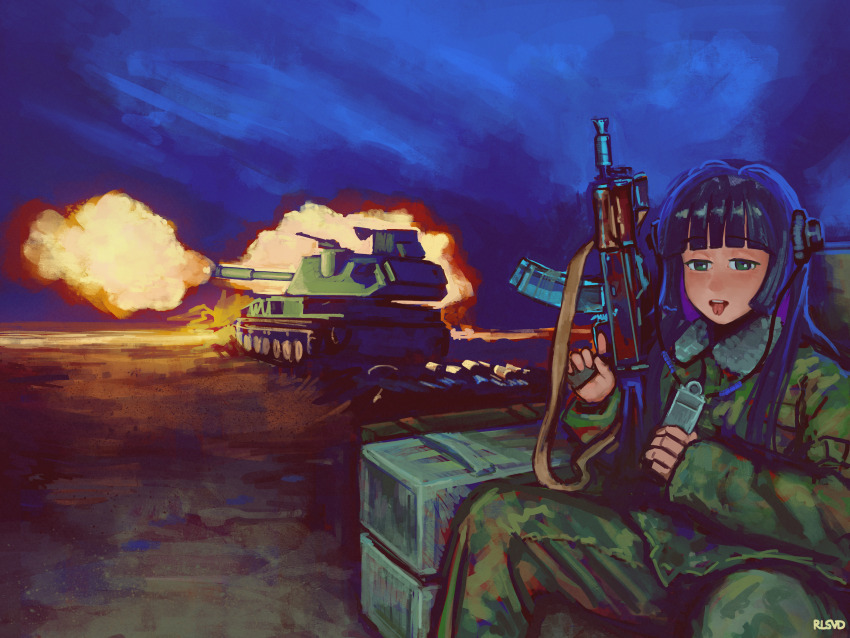 1girl absurdres aks-74u assault_rifle black_hair blunt_bangs bocchi_the_rock! choker colored_inner_hair crate explosion firing green_eyes gun headphones highres jacket kalashnikov_rifle long_hair long_sleeves looking_at_viewer magazine_(weapon) military military_uniform military_vehicle motor_vehicle multicolored_hair night night_sky pa-san purple_hair rifle rlsvd_rlsvd sky tank tongue tongue_out weapon