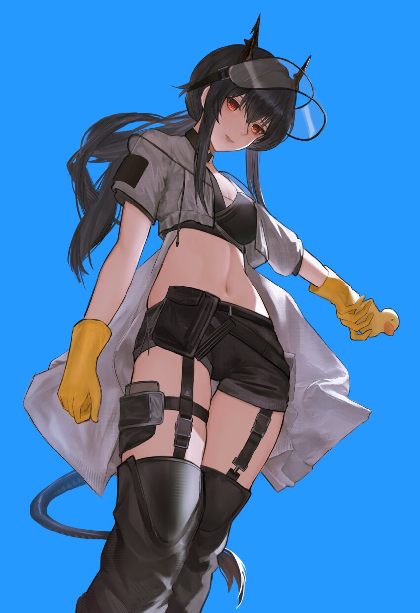 1girl alternate_hair_color arknights black_boots black_hair black_shorts blue_background boots breasts ch&#039;en_(arknights) ch&#039;en_the_holungday_(arknights) ch&#039;en_the_holungday_(holiday)_(arknights) closed_mouth commentary cropped_jacket dragon_girl dragon_horns dragon_tail gloves highres holding holding_water_gun horns long_hair looking_at_viewer looking_down medium_breasts navel official_alternate_costume open_clothes red_eyes rubber_duck rubber_gloves shorts sidelocks simple_background solo standing stomach tail ump45m visor_cap water_gun yellow_gloves