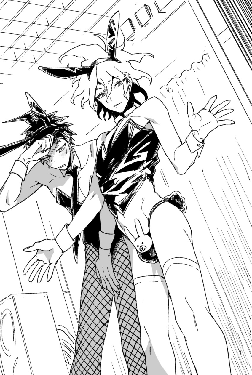 2boys animal_ears bare_shoulders collarbone danganronpa_(series) danganronpa_2:_goodbye_despair detached_collar fake_animal_ears fishnet_pantyhose fishnets greyscale highres hinata_hajime komaeda_nagito leotard male_playboy_bunny messy_hair monochrome multiple_boys necktie panties pantyhose rabbit_ears rabbit_tail tail thighhighs underwear uurin wrist_cuffs