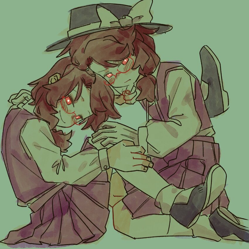 2girls antinomy_of_common_flowers black_hat blush bow bright_pupils brown_hair clone closed_mouth commentary dual_persona english_commentary ezier full_body glasses gloves green_background hat hat_bow highres long_sleeves looking_at_viewer low_twintails medium_hair multiple_girls no_headwear pleated_skirt purple_vest red-framed_eyewear red_eyes shirt shoe_soles simple_background skirt skirt_set smile socks touhou twintails usami_sumireko vest white_bow white_gloves white_pupils white_shirt white_socks