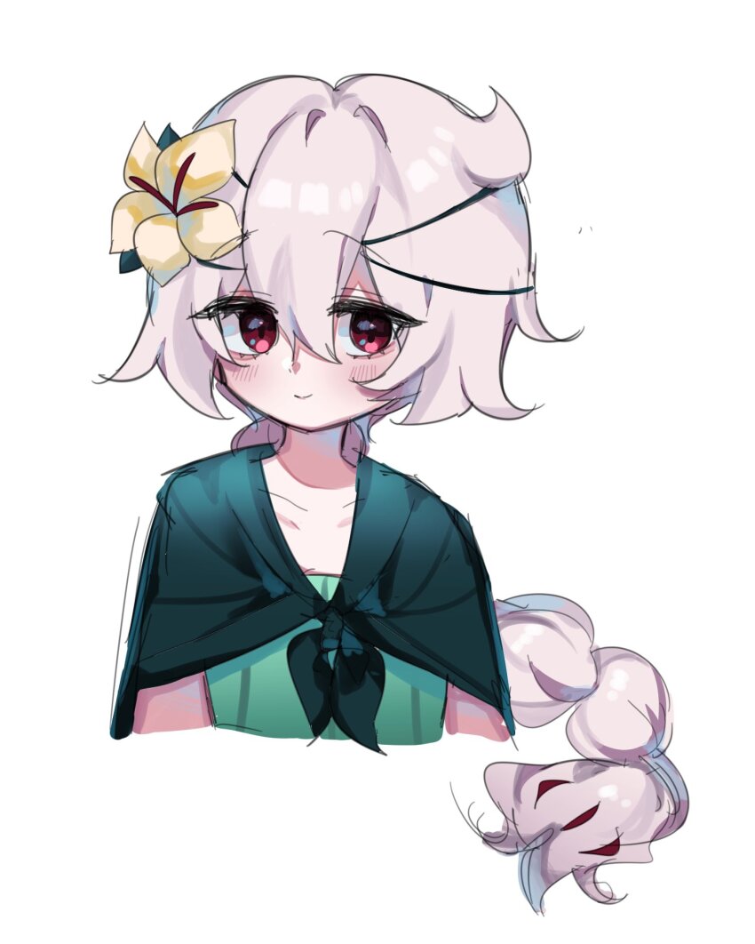1girl braid cape closed_mouth cookie_run cookie_run:_kingdom crk_gyul dress flower green_dress hair_flower hair_ornament highres humanization long_hair looking_at_viewer red_eyes simple_background smile solo very_long_hair white_background white_flower white_hair white_lily white_lily_cookie
