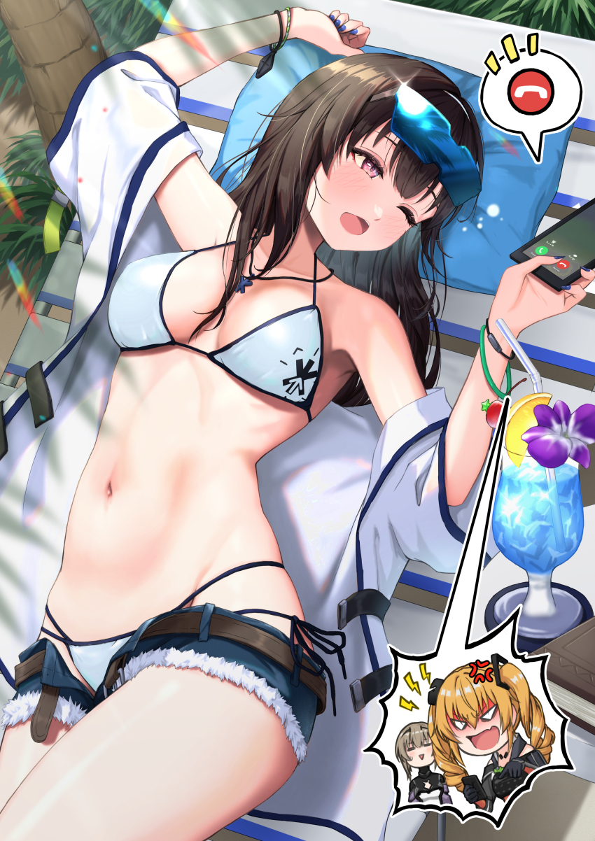 3girls absurdres anger_vein arm_up armpits beach beach_chair belt bikini black_hair blue-tinted_eyewear blue_nails blue_trim blush book bowsan bracelet breasts brown_belt calling cellphone cup day drinking_glass drinking_straw eyewear_on_head fenny_golden fenny_golden_-_lionheart flower food fruit hand_up highres holding holding_phone hurricane_glass jacket jewelry lemon lemon_slice long_hair looking_to_the_side lying marian_andreotti marian_andreotti_-_queen_of_pain medium_breasts multiple_girls navel one_eye_closed open_clothes open_jacket open_mouth phone pillow pink_eyes short_shorts shorts smartphone snowbreak:_containment_zone solo_focus speech_bubble spoken_character stomach string_bikini sunlight swimsuit table thighs tinted_eyewear tree tropical_drink white_bikini white_jacket yao_(snowbreak)