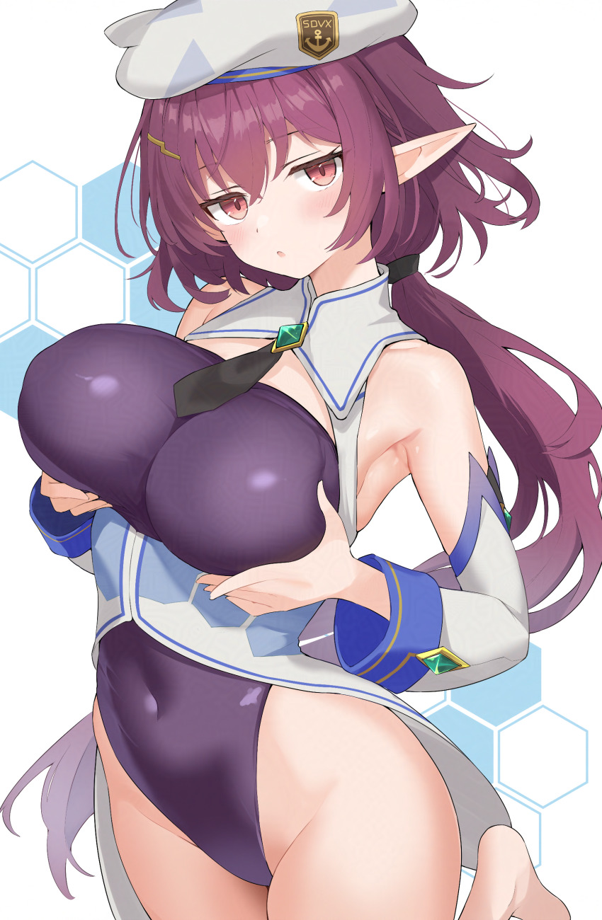 1girl absurdres armpits bare_shoulders bemani breasts cannon=xxxx cleavage covered_navel cowboy_shot detached_sleeves framed_breasts grabbing_own_breast hat highleg highleg_leotard highres large_breasts leg_up leotard long_hair looking_at_viewer low_ponytail mushpz necktie parted_lips pointy_ears ponytail purple_hair purple_leotard red_eyes see-through_cleavage see-through_clothes short_necktie solo sound_voltex tailcoat thighs very_long_hair white_hat