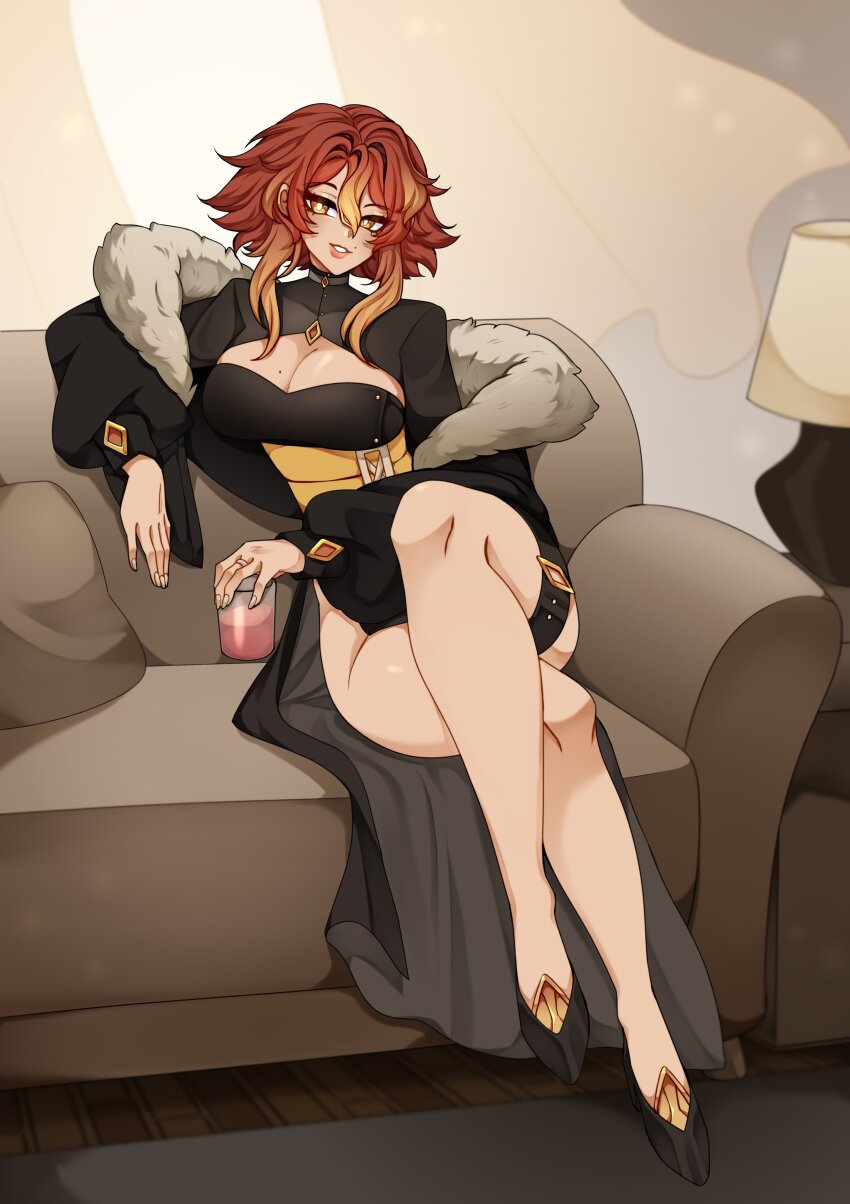 1girl 2024 absurdres bare_legs black_dress black_footwear breasts cleavage commentary commission couch crossed_legs dress drink elbow_rest english_commentary female_focus fingernails fur-trimmed_jacket fur_trim gold_trim gradient_hair hair_between_eyes head_tilt high_heels highres holding holding_drink jacket jewelry jitome lamp large_breasts long_fingernails long_sleeves malustra_(mallyofeorzea) medium_hair mole mole_under_breast mole_under_eye multicolored_hair natnatdraw open_clothes open_shirt orange_hair original parted_lips puffy_long_sleeves puffy_sleeves red_hair ring rug sash shiny_skin sidelocks smile solo thick_lips thick_thighs thighs wavy_hair white_nails yellow_eyes yellow_sash
