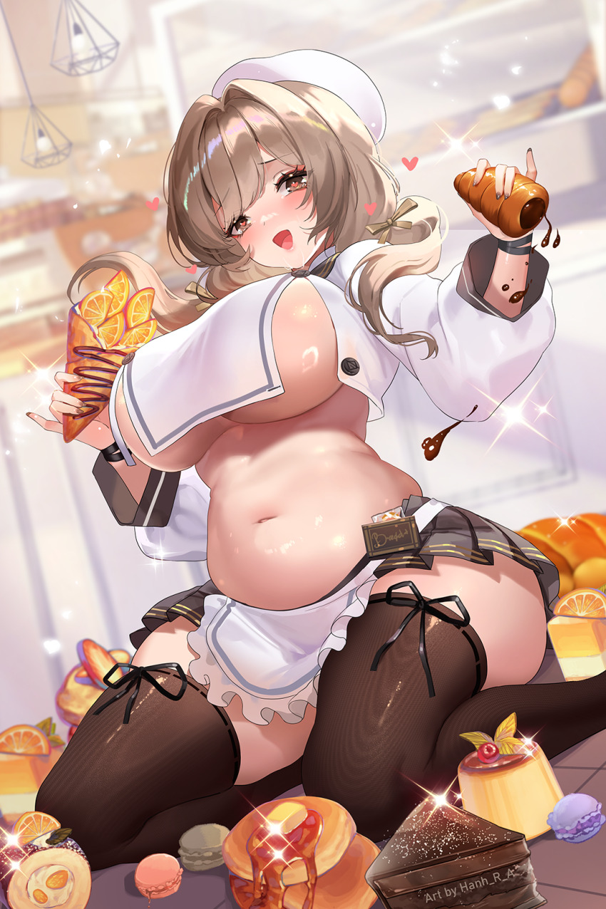 1girl apron bakery black_nails black_skirt black_thighhighs blurry blurry_background bread bready_(nikke) breasts brown_eyes brown_hair cake cake_slice chocolate chocolate_cake chocolate_cornet commentary crepe crop_top dual_wielding fingernails food frilled_apron frills fruit goddess_of_victory:_nikke hair_intakes hair_ribbon hanh_chu hat heart heart-shaped_pupils highres holding holding_food indoors large_breasts long_fingernails long_hair long_sleeves looking_at_viewer low_twintails macaron microskirt nail_polish navel on_floor open_mouth orange_(fruit) orange_slice pancake pinky_out pleated_skirt plump pudding puffy_long_sleeves puffy_sleeves ribbon shiny_skin shirt shop sitting skirt smile solo sparkle swept_bangs symbol-shaped_pupils thighhighs twintails underboob waist_apron white_apron white_hat white_shirt