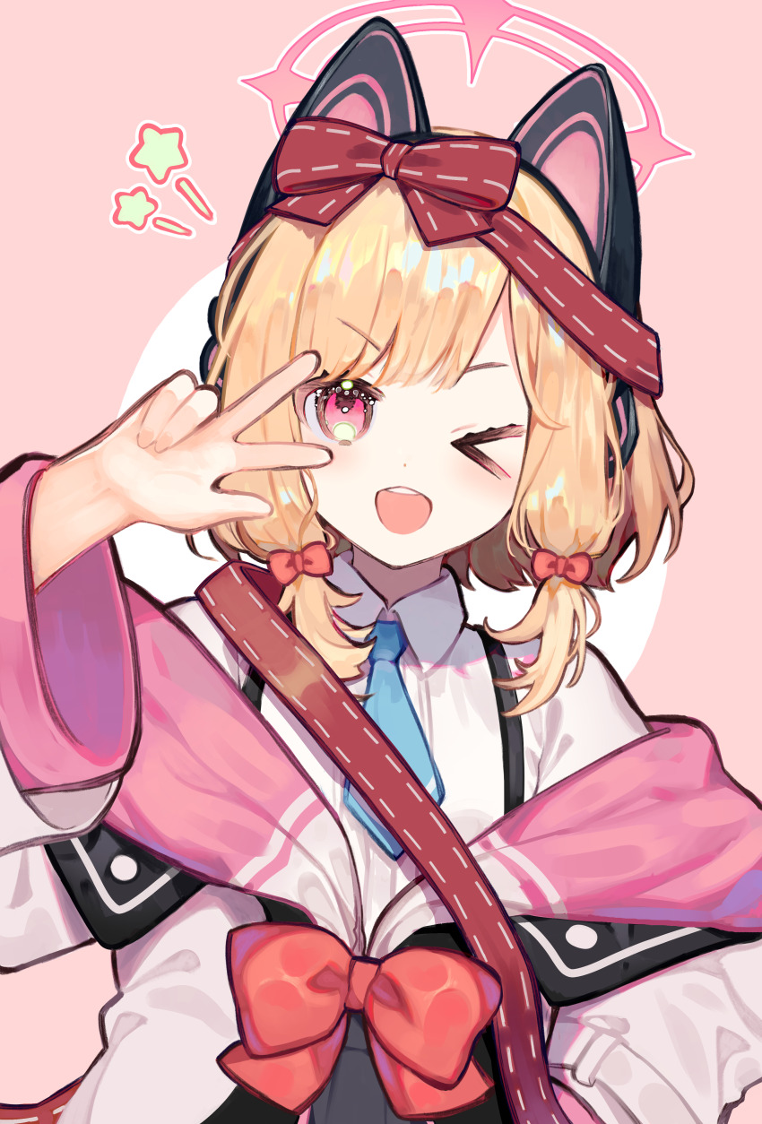 &gt;_o 1girl ;d absurdres animal_ear_headphones animal_ears aqua_necktie black_skirt blonde_hair blue_archive blush bow cat_ear_headphones cat_ears collared_shirt commentary dot_nose dress_shirt fake_animal_ears hair_bow halo hand_on_own_hip hand_up headphones highres hood hooded_jacket jacket long_sleeves looking_at_viewer low-tied_sidelocks momoi_(blue_archive) multicolored_jacket necktie nr_star one_eye_closed open_mouth parted_bangs pink_background pink_eyes pink_halo pink_jacket red_bow red_ribbon ribbon school_uniform shirt short_hair short_necktie sidelocks simple_background skirt smile solo star_(symbol) suspender_skirt suspenders swept_bangs teeth two-tone_background upper_body upper_teeth_only v-shaped_eyebrows w w_over_eye white_background white_jacket white_shirt wide_sleeves
