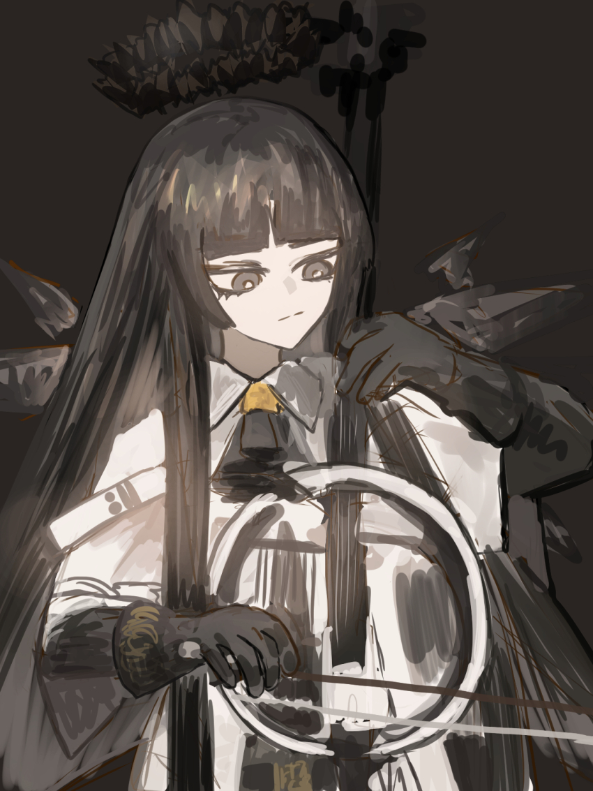 1girl arknights belt belt_buckle black_background black_belt black_eyes black_gloves black_hair black_halo black_wings blunt_bangs bow_(music) broken_halo buckle cello closed_mouth collared_jacket commentary dark_halo detached_wings elbow_gloves energy_wings english_commentary expressionless facing_viewer gloves halo hands_up highres hime_cut holding holding_bow_(music) holding_instrument holding_violin instrument jacket long_hair looking_at_object looking_to_the_side mole mole_under_eye short-sleeved_jacket short_sleeves sidelocks simple_background solo standing thiccborb upper_body very_long_hair violin virtuosa_(arknights) white_belt white_jacket wings