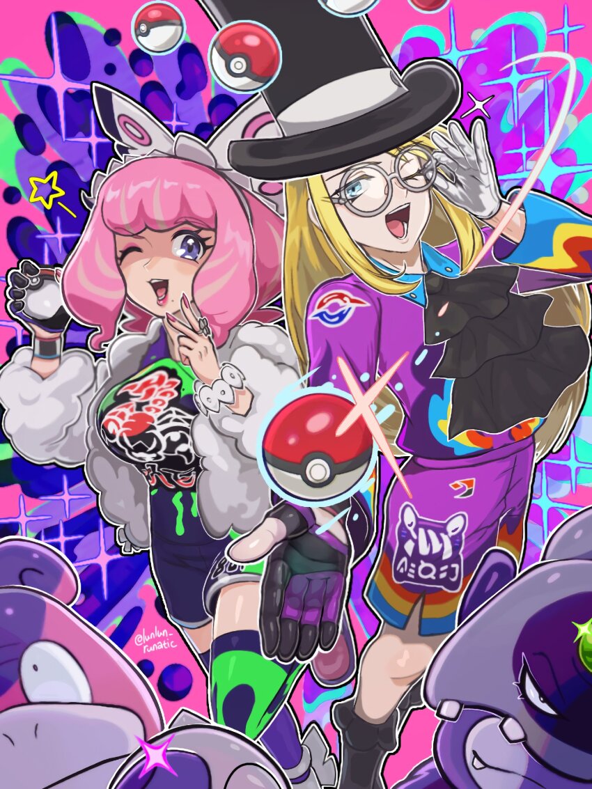 1boy 1girl artist_name ascot asymmetrical_gloves asymmetrical_legwear avery_(pokemon) black_ascot blonde_hair blue_eyes bow bracelet breasts collared_shirt colored_skin drill_hair dynamax_band eyeshadow flipped_hair floating floating_object fur_jacket galarian_slowbro galarian_slowking glasses gloves hairband hat highres holding holding_poke_ball jacket jewelry klara_(pokemon) long_hair long_sleeves makeup medium_breasts mismatched_gloves mismatched_legwear mole mole_under_mouth nintendo one_eye_closed open_mouth partially_fingerless_gloves pink_eyeshadow pink_hair pink_lips pink_skin poke_ball poke_ball_(basic) pokemon pokemon_(creature) pokemon_swsh print_shirt print_shorts print_thighhighs purple_eyes ring round_eyewear runachikku shaded_face shirt short_hair shorts side_slit side_slit_shorts single_glove smile solo telekinesis thighhighs top_hat twin_drills twitter_username white_bow white_hairband