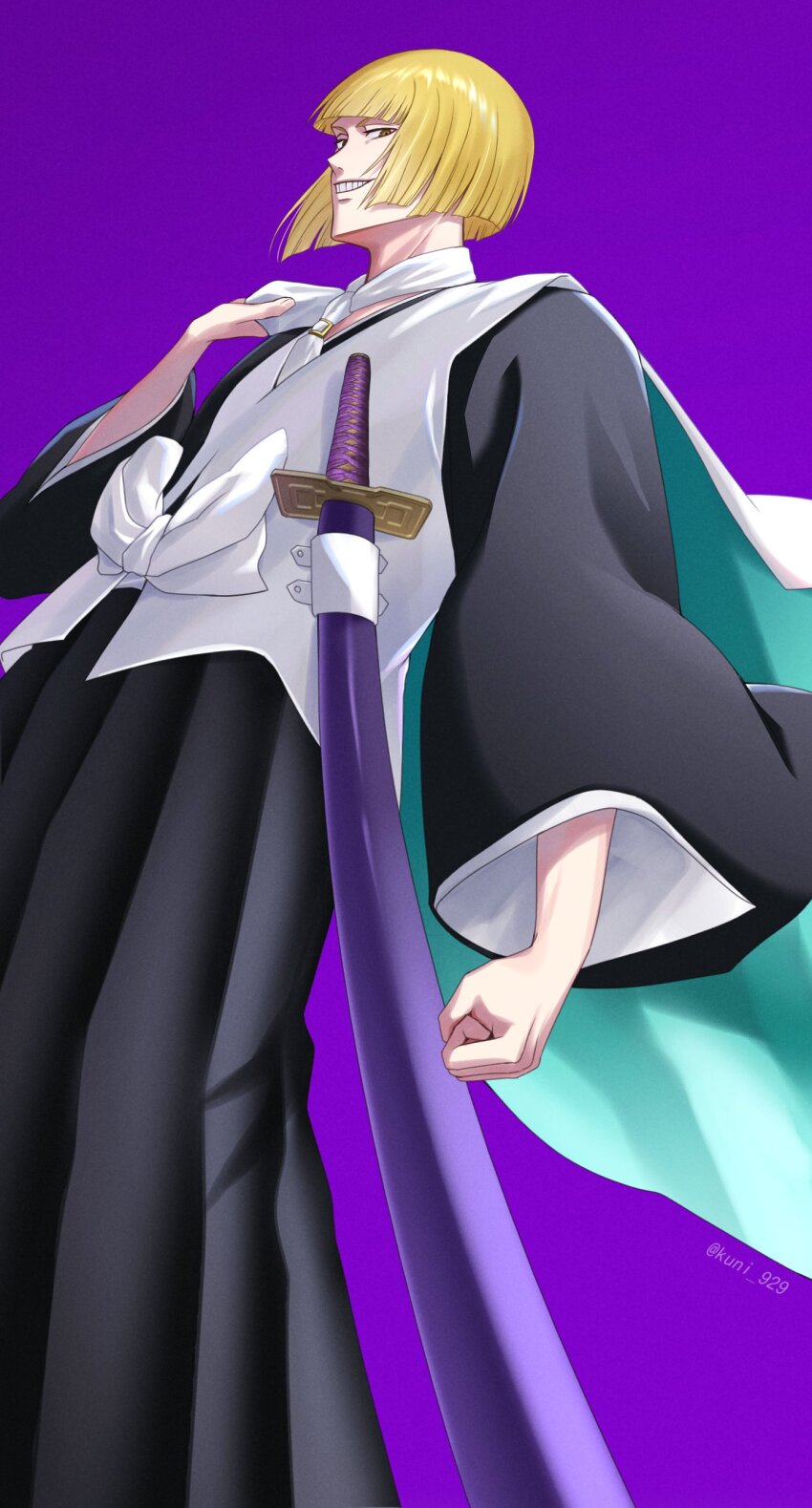 1boy :d absurdres arm_at_side black_hakama black_kimono bleach bleach:_sennen_kessen-hen blonde_hair blunt_bangs blunt_ends bob_cut brown_eyes clenched_hand commentary feet_out_of_frame film_grain foreshortening from_below grin hakama hand_up haori highres hirako_shinji holding holding_unworn_clothes japanese_clothes katana kimono kuni_929 long_sleeves looking_at_viewer looking_down male_focus necktie open_mouth purple_background sheath short_hair simple_background smile solo standing sword taichou_haori twitter_username v-shaped_eyebrows weapon white_necktie wide_sleeves