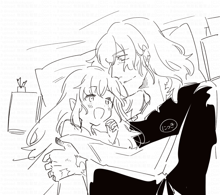 1boy 1girl :d absurdres bed_sheet book bookmark closed_mouth curse_maker curse_maker_1 doctor_magus doctor_magus_4 etrian_odyssey eye_contact greyscale highres long_hair long_sleeves looking_at_another lying monochrome nikki_kyousuke on_side open_mouth pillow pointy_ears shirt smile under_covers upper_body watermark white_background wide_sleeves