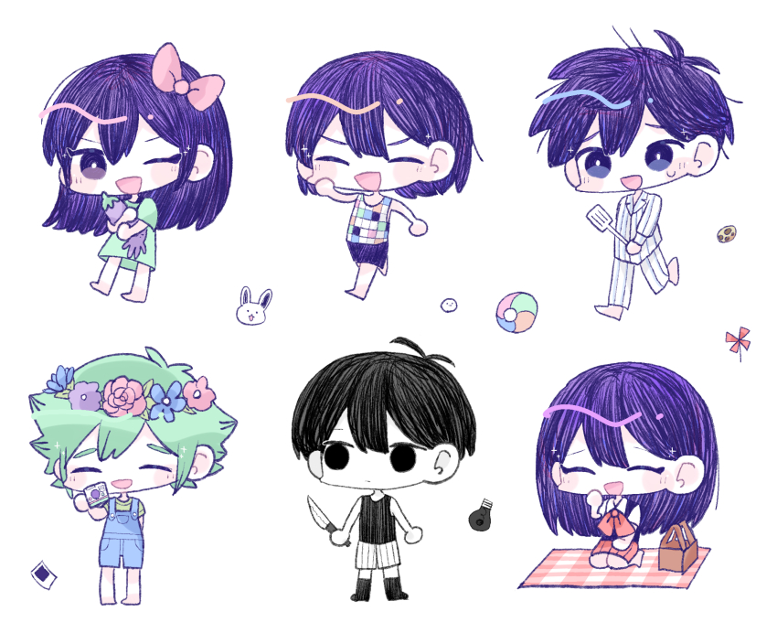 2girls 4boys :d ^_^ antenna_hair arm_behind_back arms_at_sides aubrey_(headspace)_(omori) aubrey_(omori) ball bare_arms bare_shoulders barefoot basil_(headspace)_(omori) basil_(omori) basket beachball black_eyes black_hair black_socks black_tank_top blue_flower blue_overalls bow bowtie bright_pupils brother_and_sister brothers camera checkered_clothes chibi chibi_only closed_eyes closed_mouth collared_shirt colored_skin cookie double-parted_bangs dress empty_eyes expressionless flower flower_wreath food forest_bunny_(omori) full_body green_dress green_hair green_shirt hair_behind_ear hair_between_eyes hair_bow hapipipp head_wreath hector_(omori) hero_(headspace)_(omori) hero_(omori) highres holding holding_camera holding_knife holding_spatula holding_stuffed_toy kel_(headspace)_(omori) kel_(omori) knife leaf light_bulb long_hair long_sleeves looking_at_viewer looking_to_the_side mari_(headspace)_(omori) mari_(omori) miniskirt mr._plantegg_(omori) multiple_boys multiple_girls no_pupils no_shoes omori omori_(omori) one_eye_closed open_mouth overall_shorts overalls pants photo_(object) picnic_basket picnic_blanket pink_bow pink_flower pink_rose purple_eyes purple_flower purple_hair purple_shorts purple_sweater_vest red_bow red_bowtie red_skirt rose shirt short_hair short_sleeves shorts siblings simple_background sitting skirt smile socks sparkle spatula standing standing_on_one_leg straight_hair striped_clothes striped_pants striped_shirt striped_shorts stuffed_eggplant stuffed_toy sweatdrop sweater_vest tank_top vertical-striped_clothes vertical-striped_pants vertical-striped_shirt vertical-striped_shorts white_background white_pants white_pupils white_shirt white_skin