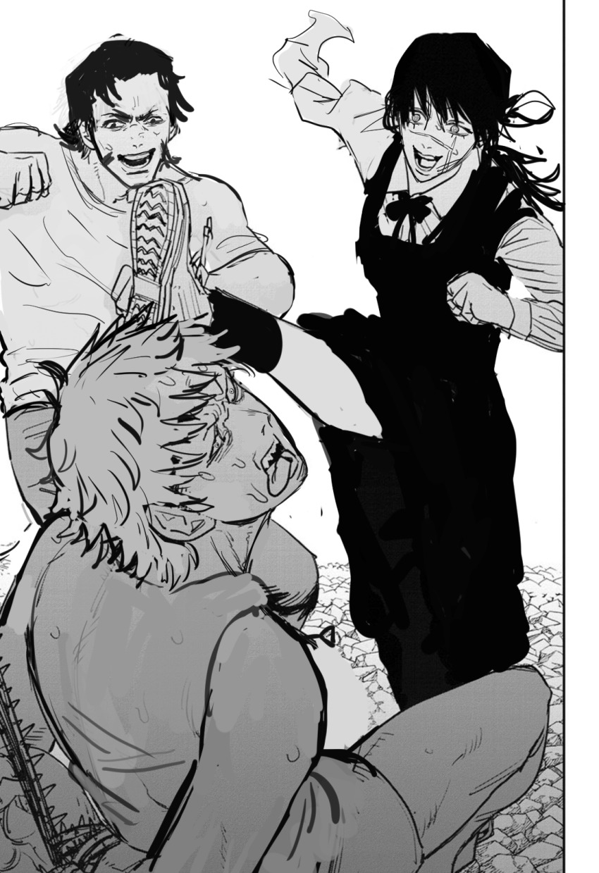 1girl 2boys bound bound_arms chainsaw_man collared_shirt comic_panel_redraw crotch_kick denji_(chainsaw_man) derivative_work highres katana_man_(chainsaw_man) kicking missing_limb multiple_boys muscular muscular_male pain restrained scar scar_on_face school_uniform shirt sideburns titann yoru_(chainsaw_man)
