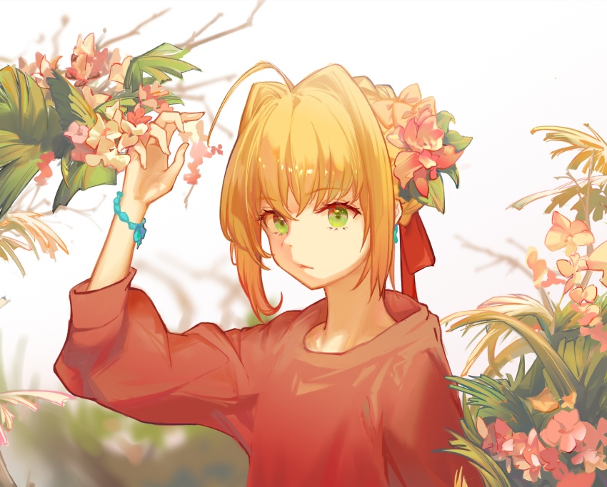 absurdres ahoge alternate_costume blonde_hair blurry blurry_background braid braided_bun closed_mouth commentary commentary_request day depth_of_field earrings english_commentary expressionless eyelashes fate/grand_order fate_(series) flower green_eyes hair_bun hair_flower hair_ornament hair_ribbon hand_up highres huge_ahoge jewelry long_hair meteorecho mixed-language_commentary nero_claudius_(fate) outdoors pink_flower red_ribbon red_sweater ribbon sidelocks sky sweater three-quarter_sleeves tree upper_body white_sky wristband