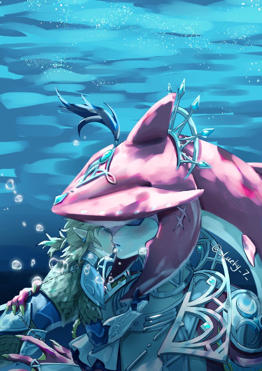 2boys absurdres air_bubble armor blonde_hair blush breastplate bridal_gauntlets bubble closed_eyes commentary fish_boy floating_hair hand_on_another&#039;s_back hashtag-only_commentary headpiece highres interspecies kiss link male_focus multiple_boys na_nako nintendo parted_lips pauldrons plume scar scar_on_head shoulder_armor sidon the_legend_of_zelda the_legend_of_zelda:_breath_of_the_wild twitter_username underwater upper_body water yaoi zora zora_set_(zelda)