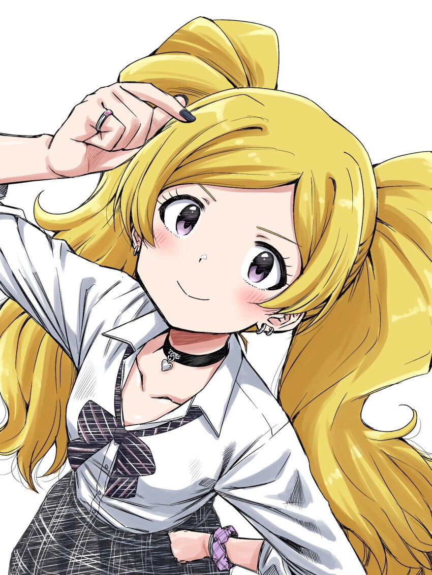 1girl bangle black_bow black_bowtie black_choker black_nails black_socks blonde_hair blush bow bowtie bracelet breasts choker closed_mouth collarbone collared_shirt concept_gyarus_(idolmaster) cowboy_shot diagonal-striped_bow diagonal-striped_bowtie diagonal-striped_clothes dot_nose earrings emily_stewart eyelashes fluffy_hair from_above grey_skirt gyaru hand_on_own_hip hand_up heart heart_choker highres idolmaster idolmaster_million_live! idolmaster_million_live!_theater_days jewelry light_smile long_hair loose_bowtie matcha_kingyo open_collar parted_bangs pink_scrunchie plaid_clothes plaid_skirt pleated_skirt purple_eyes school_uniform scrunchie shirt sidelocks silver_bangle silver_bracelet silver_ring simple_background skirt sleeves_rolled_up small_breasts socks solo striped_clothes twintails very_long_hair wavy_hair white_background white_shirt wrist_scrunchie