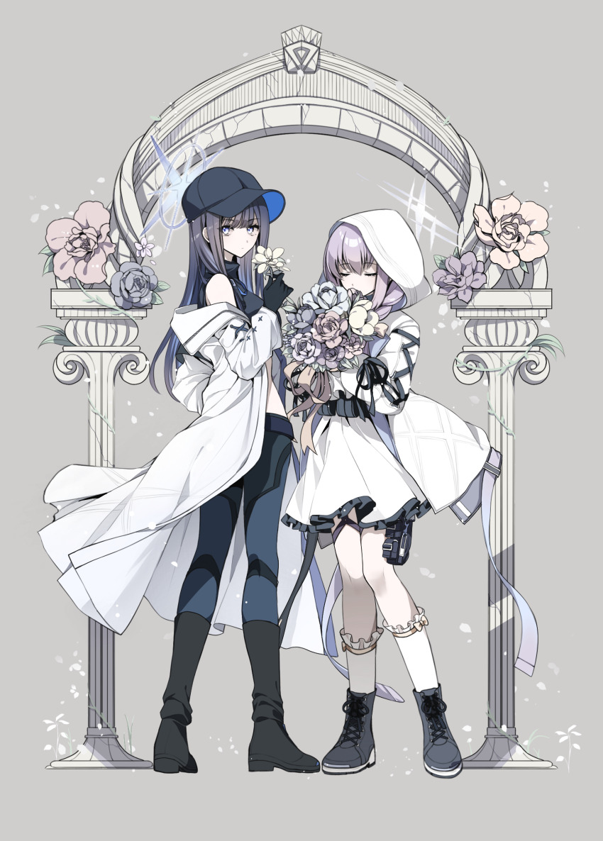 2girls absurdres arch atsuko_(blue_archive) belt_pouch black_footwear black_hair blue_archive blue_eyes blue_hair bouquet bow braid closed_eyes commentary_request cross-laced_footwear dress expressionless flower frilled_socks frills full_body hair_bow halo height_difference highres holding holding_bouquet holding_flower hood hood_up hooded_jacket jacket long_hair looking_at_viewer low_twin_braids multicolored_hair multiple_girls off_shoulder pouch purple_hair ribbon ribbon-trimmed_socks ribbon_trim saori_(blue_archive) shadow71580825 socks standing streaked_hair thigh_pouch twin_braids twisted_torso white_dress white_jacket white_socks yellow_bow yellow_ribbon