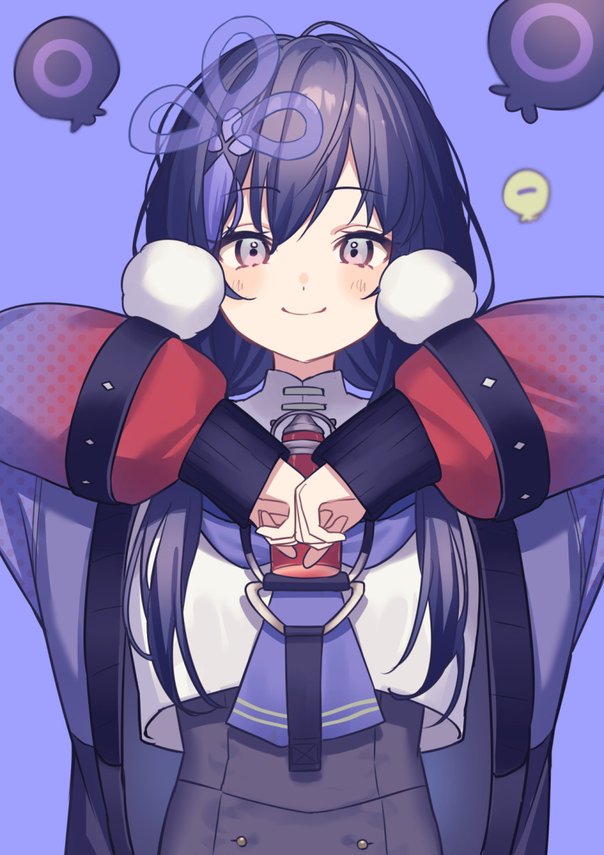 1girl black_hair blush closed_mouth commentary_request grey_eyes highres jacket long_hair long_sleeves looking_at_viewer lq_saku necktie nijisanji open_clothes open_jacket own_hands_together ponto_nei ponto_nei_(1st_costume) puffy_long_sleeves puffy_sleeves purple_background purple_jacket purple_necktie shirt simple_background smile solo upper_body virtual_youtuber white_shirt