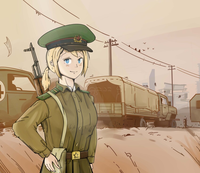 1girl 6+others absurdres akm ambulance arm_at_side army assault_rifle belt belt_buckle bird black_hat blonde_hair blue_eyes brown_belt brown_jacket buckle building buttons car closed_mouth collar_tabs collared_jacket commentary_request cross day dirt epaulettes green_hat gun gun_sling hand_on_own_hip hat hat_ornament highres holster jacket johnsuna kalashnikov_rifle long_sleeves looking_at_viewer military military_hat military_uniform military_vehicle motion_lines motor_vehicle multiple_others original outdoors paper peaked_cap people ponytail power_lines red_star rifle sepia_background shirt short_hair smile solo solo_focus soviet soviet_border_troops star_(symbol) star_hat_ornament truck two-tone_headwear upper_body utility_pole war_in_afghanistan weapon weapon_on_back white_shirt
