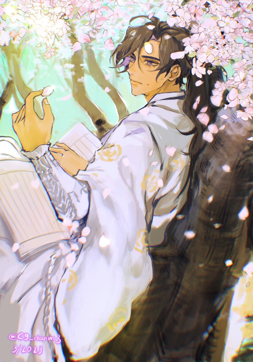 1boy aeferjam black_hair book book_on_lap chinese_clothes closed_mouth commentary english_commentary erha_he_ta_de_bai_mao_shizun falling_petals flower hanfu high_ponytail highres in_tree long_hair long_sleeves looking_at_object male_focus mo_ran petals pink_flower ponytail purple_eyes sitting sitting_in_tree solo tree upper_body white_hanfu wide_sleeves
