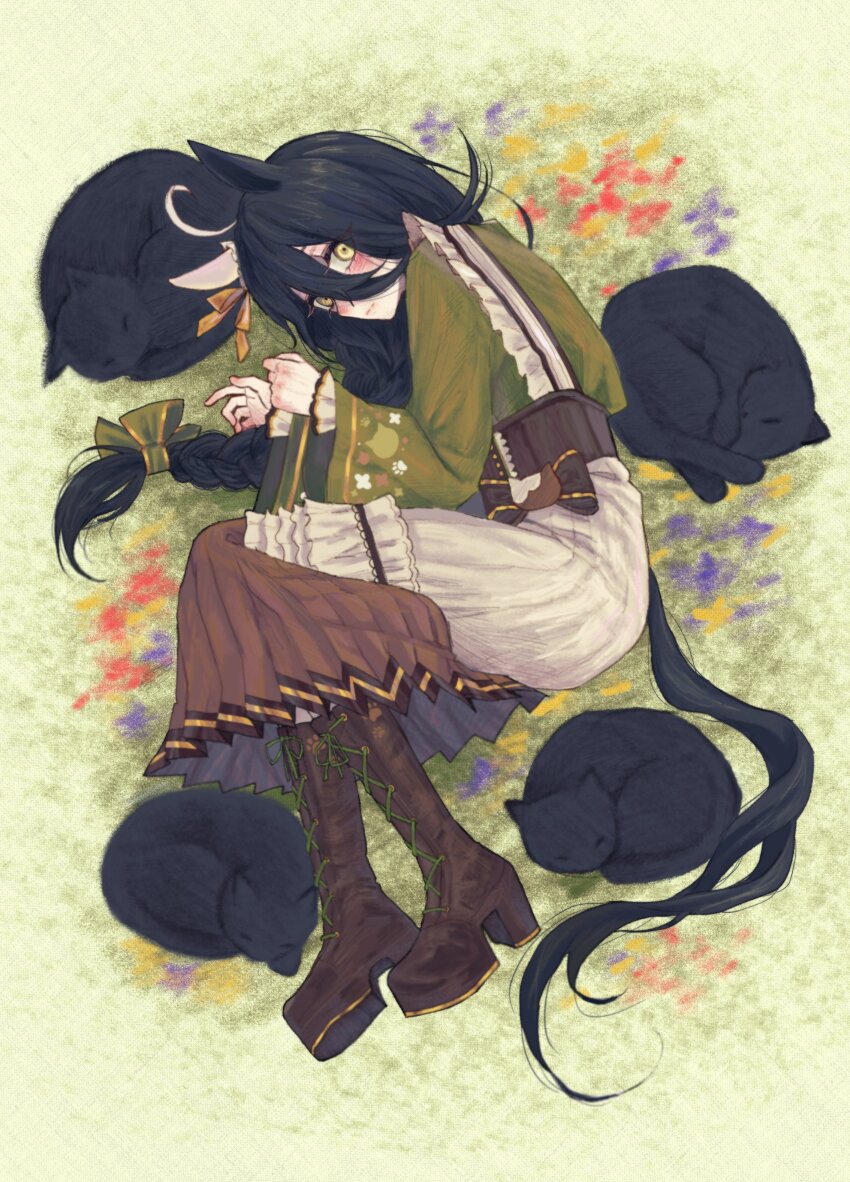 absurdres ahoge animal_ears black_cat black_eyeliner black_hair boots bow braid cat ear_covers ear_ornament ear_ribbon eyeliner girdle green_kimono highres horse_ears horse_girl horse_tail japanese_clothes kimono long_bangs long_hair long_sleeves makeup manhattan_cafe_(umamusume) manhattan_cafe_(verdant_night)_(umamusume) multiple_cats on_grass shironism single_braid single_ear_cover sleeves_past_wrists tail umamusume yellow_eyes